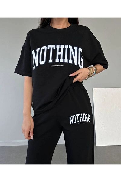 MODARİCH Nothing Sweatpants T-shirt - Black Jogger T-Shirt Bottom Top Tracksuit Set Crew Neck