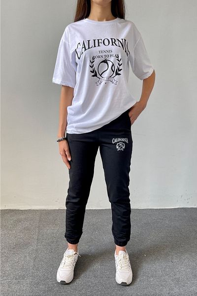 MODARİCH Λευκό μπλουζάκι τένις Μαύρο φούτερ - Jogger T-shirt Bottom Top Σετ φόρμας Oversize Crew Neck