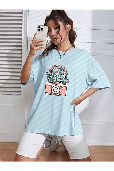 MODARİCH Tricou cu cameră florală - cu mânecă scurtă cu imprimeu albastru baby