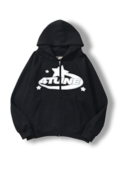 MODARİCH 4 Tune Baskılı Hırka - Siyah Kışlık Oversize Kapüşonlu Fermuarlı Cep...