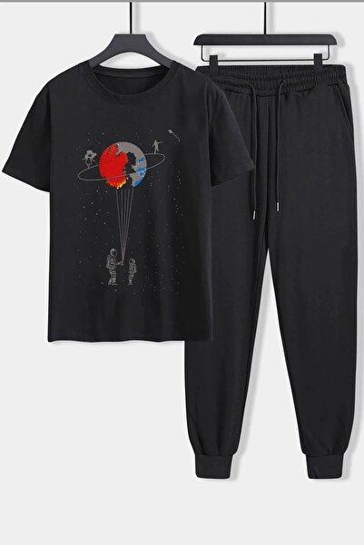 MODARİCH Saturn Black Jogger T-shirt και Sweatpants Set - Oversize Crew Neck