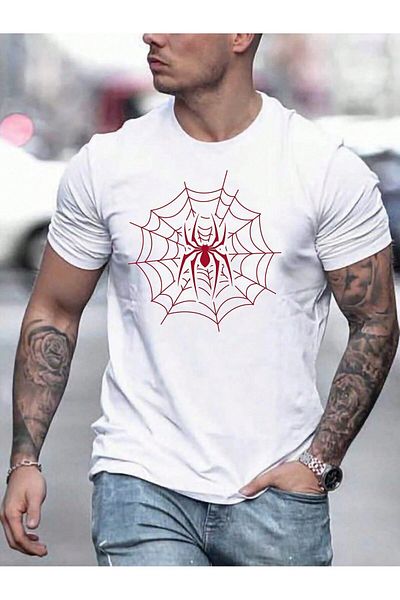 MODARİCH Λευκό Oversize Web Spider T-shirt - Crew Neck, κοντό μανίκι