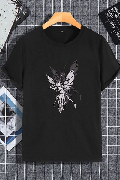 MODARİCH Harajuku Fairy Girl T-shirt - Black, Oversize, Printed, Crew Neck, Printed, Short Sleeve, Loose