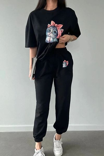 MODARİCH لطيف القط تي شيرت Sweatpants Jogger - أسود أسفل مجموعة رياضية أعلى الرقبة الطاقم