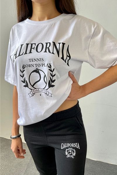 MODARİCH Λευκό μπλουζάκι τένις Μαύρο φούτερ - Jogger T-shirt Bottom Top Σετ φόρμας Oversize Crew Neck