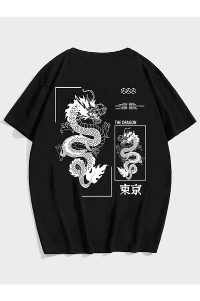 Mythologie The Dragon T-shirt - Μαύρο, εμπριμέ, Oversize, Crew Neck, Κοντό μανίκι