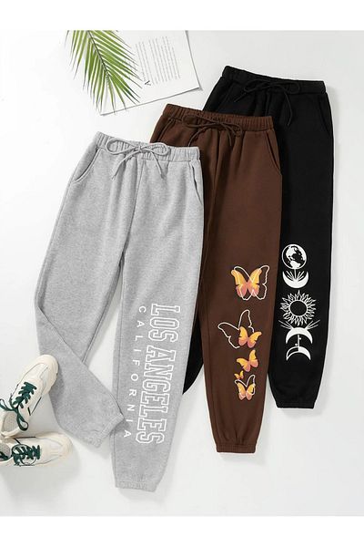 Mythologie Φούτερ Jogger 3-pack με λογότυπο - Μαύρο γκρι και καφέ ελαστικό πόδι ψηλόμεσο καλοκαίρι