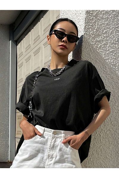 Mythologie Yep Minimal T-shirt - Μαύρο, εμπριμέ, Oversize, Crew λαιμόκοψη, κοντό μανίκι