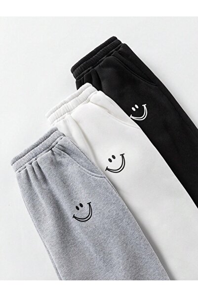 Mythologie 3-Piece Smiling Faces Printed Jogger Sweatpants - Black White Gray Elastic Cuffs High Waist