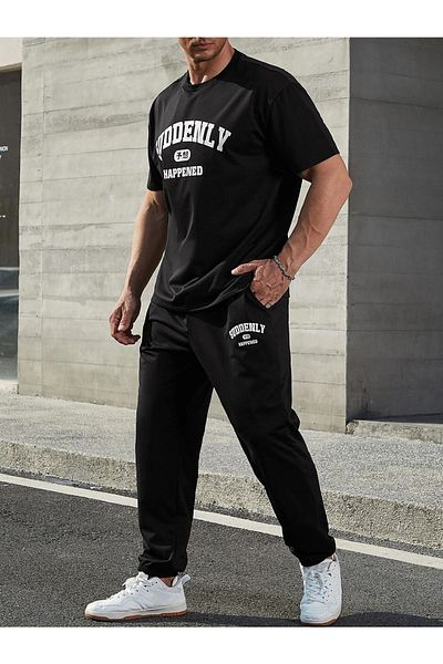 Mythologie Suddenly Sweatpants and T-shirt - Black Jogger T-Shirt Bottom Top Tracksuit Set Oversize Crew Neck