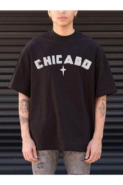 Mythologie Καλοκαιρινό μπλουζάκι Chicago - Μαύρο, εμπριμέ, Oversize, Crew λαιμόκοψη, κοντό μανίκι
