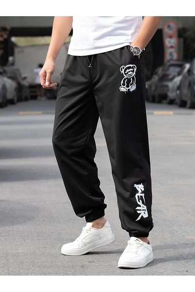 Mythologie Bear Sweatpants Jogger - Μαύρο εμπριμέ λαστιχένιο πόδι ψηλόμεσο χειμώνα