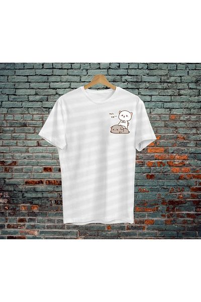 Mythologie Couple Lover Kawaii Cat T-Shirt - Λευκό εμπριμέ, Oversize Crew Neck