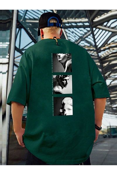 Mythologie T-Shirt Sculpture Design - Nefti Green Printed Oversize Crew Neck Κοντό μανίκι