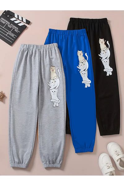 Mythologie 3 Pack Kitties Printed Jogger Sweatpants - Γκρι Σαξ Μπλε Μαύρο Λαστιχένιο πόδι ψηλόμεσο καλοκαίρι