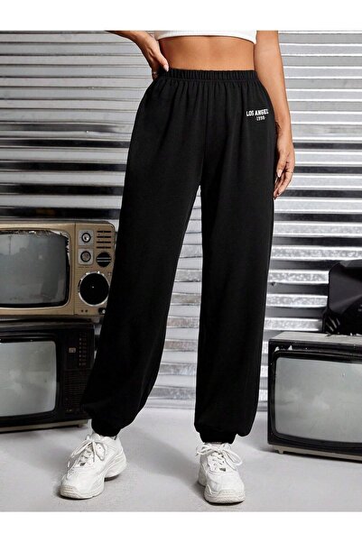 Mythologie Los Angeles 1998 Eşofman Altı Jogger - Siyah Baskılı Lastik Paça Yüksek Bel
