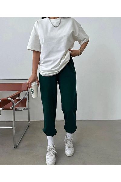 Mythologie Basic Solid T-shirt Sweatpants Jogger - White Nefti Green Sweatpants Set Oversize Crew Neck