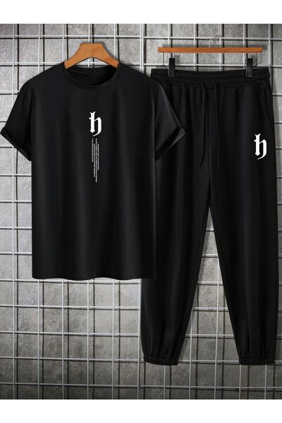 Mythologie H Κάθετη αθλητική φόρμα με φόρμα και μπλουζάκι - Μαύρο μπλουζάκι Jogger στο κάτω επάνω μέρος Σετ φόρμας Oversize Crew Neck