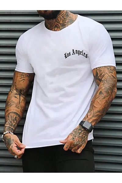 Mythologie Los Angeles Lettering T-Shirt - Λευκό εμπριμέ κοντό μανίκι με λαιμόκοψη