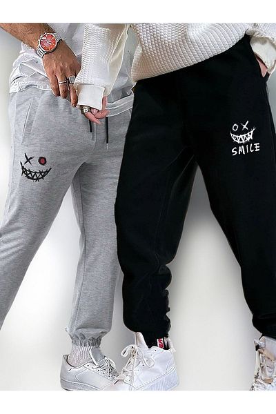 Mythologie 2 Πακέτα Smile Face Sweatpants Jogger - Μαύρο γκρι εμπριμέ λαστιχένιο πόδι ψηλόμεσο καλοκαίρι