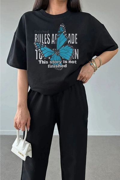 Mythologie Rules Butterfly T-shirt Sweatpants Jogger - Σετ φόρμας με μαύρη στάμπα Oversize Crew Neck