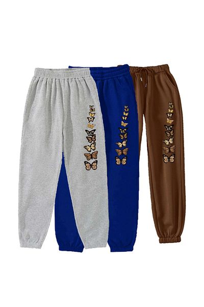 Mythologie Μοτίβο πεταλούδας - Τριπλό εμπριμέ Jogger Sweatpants - Γκρι Saks Μπλε καφέ ελαστικό πόδι