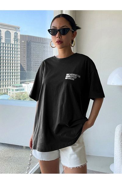 Mythologie Cherish Time T-Shirt - Black Printed Oversize Crew Neck Short Sleeve