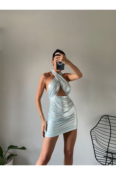 Rabury Butik Shiny Lycra Shine Mini Dress - Halter Neck
