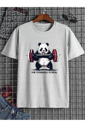 Mythologie Gym Panda T Shirt Gri Bask l Oversize Bisiklet Yaka K sa Kol