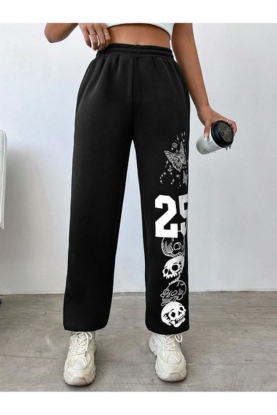 Mythologie 25 Skull Sweatpants Jogger - Μαύρο εμπριμέ λαστιχένιο πόδι ψηλόμεσο χειμώνα