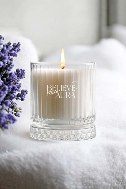 Believe Your Aura Lavanta Kokulu Mum - %100 Doğal Soya Mumu Kristal Bardak Ar...