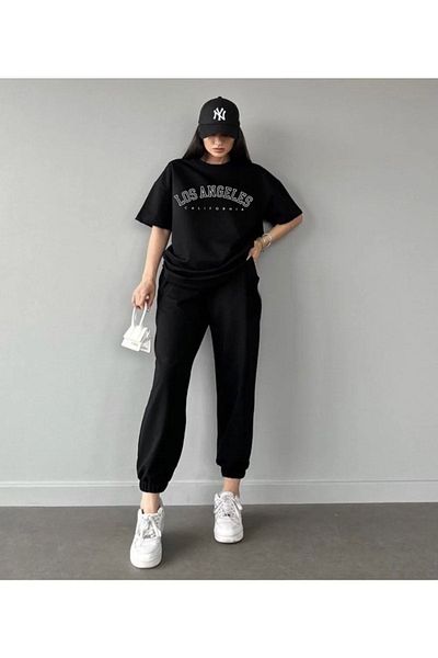 Mythologie Los Angeles T-shirt Sweatpants Jogger - Σετ φόρμας με μαύρη στάμπα Oversize Crew Neck