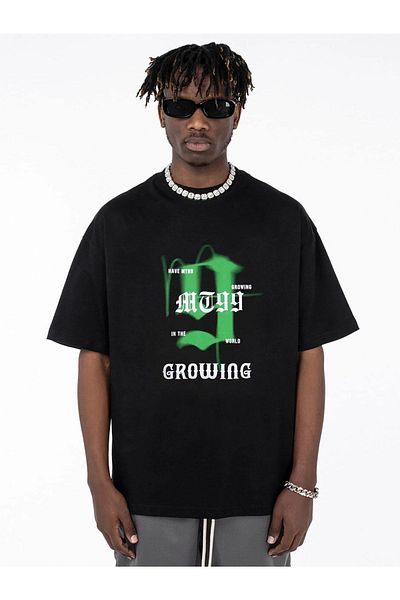 Mythologie 99 Growing T-shirt - Μαύρο, εμπριμέ, Oversize, Crew Neck, Κοντό μανίκι