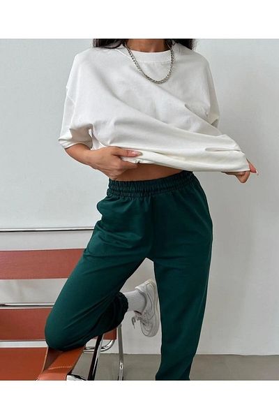 Mythologie Basic Solid T-shirt Sweatpants Jogger - White Nefti Green Sweatpants Set Oversize Crew Neck