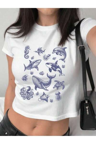 Jose Clothing Femei - Bluză crop top cu mânecă scurtă cu imprimeu pe corp