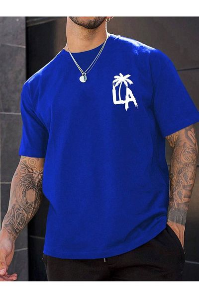 Mythologie T-Shirt με λογότυπο A Spade - Sax Blue Printed Oversize Crew Neck με κοντό μανίκι
