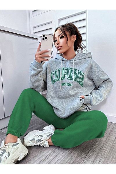 MODARİCH Γυναικείο γκρι φούτερ California West Coast Πράσινο Jogger Σετ φόρμας με κουκούλα μεγάλου μεγέθους