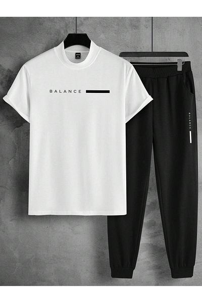 Mythologie Balance Striped T-shirt and Sweatpants Set - White Black, Oversize Crew Neck, Jogger T-Shirt