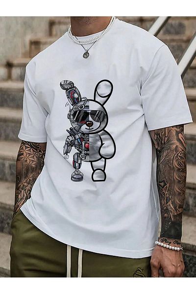 Mythologie Robot Rabbit T-Shirt - Λευκό εμπριμέ κοντό μανίκι με λαιμόκοψη