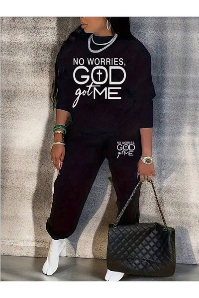 MODARİCH God Got Me Φούτερ Φούτερ Jogger - Μαύρο εμπριμέ κάτω μέρος Σετ φόρμας Crew Neck