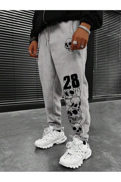 Mythologie 28 Skull Sweatpants Jogger - Gray Printed Elastic Leg High Waist