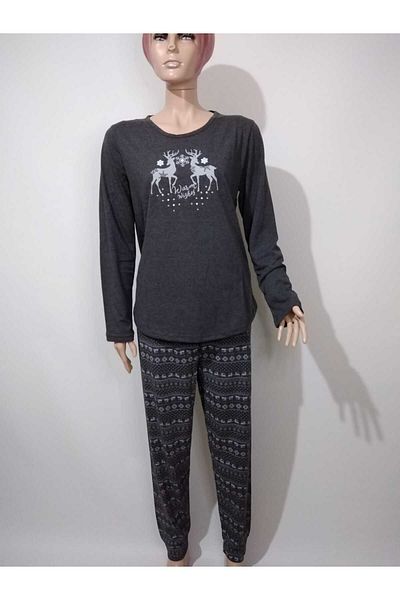 VİENETTA Set de pijamale din bumbac, antracit, cu gât rotund, cu mânecă lungă, cu model de cerb