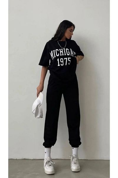 Mythologie Michigan 1975 T-shirt Sweatpants Jogger - Σετ φόρμας με μαύρη στάμπα Oversize Crew Neck