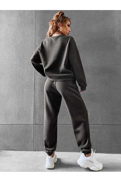 Mythologie Γυναικεία μαύρη αθλητική φόρμα - Elastic Leg Combination Crew Lack Top Jogger Φούτερ ψηλόμεση