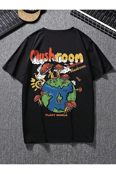 Mythologie Mushroom World T-Shirt - Black Printed Oversize Crew Neck Short Sleeve