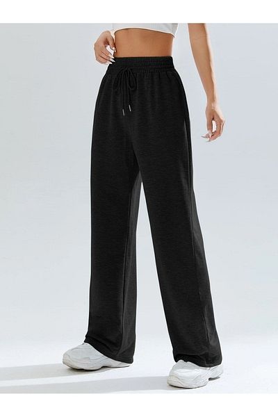 Mythologie Flare Leg Basic Straight Sweatpants Jogger - Μαύρο γυναικείο φαρδύ ψηλόμεσο χειμώνα