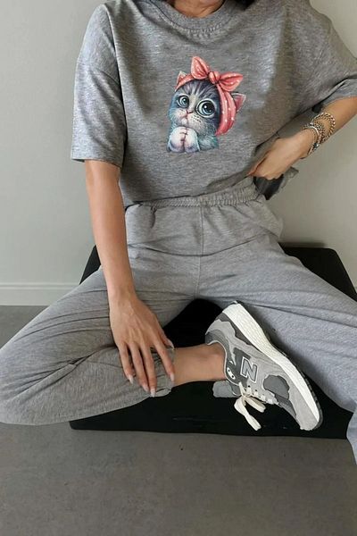 Mythologie Cat T-shirt Sweatpants Jogger - Σετ φόρμας με γκρι στάμπα Oversize Crew Neck
