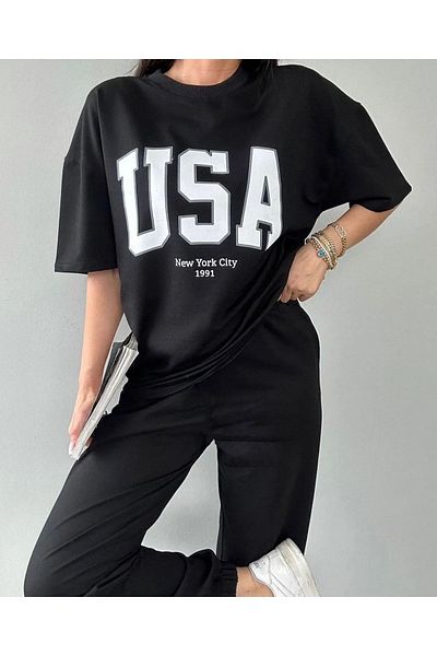 Mythologie Usa T-shirt Sweatpants Jogger - Σετ φόρμας με μαύρη στάμπα Oversize Crew Neck