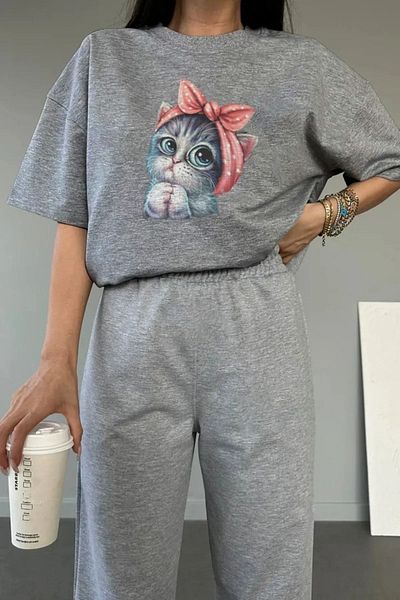 Mythologie Cat T-shirt Sweatpants Jogger - Σετ φόρμας με γκρι στάμπα Oversize Crew Neck