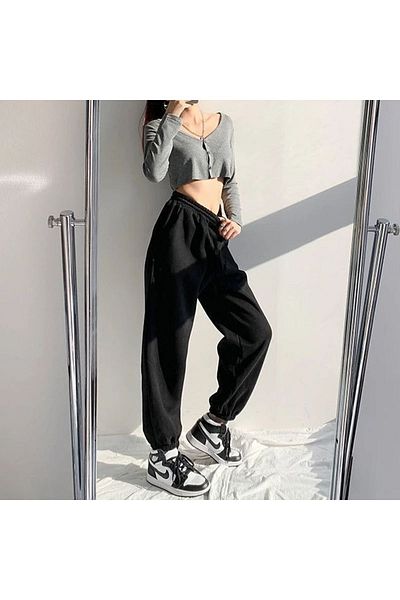 Mythologie Unprinted Basic Straight Sweatpants Jogger - Μαύρο λαστιχένιο πόδι ψηλόμεσο χειμώνα